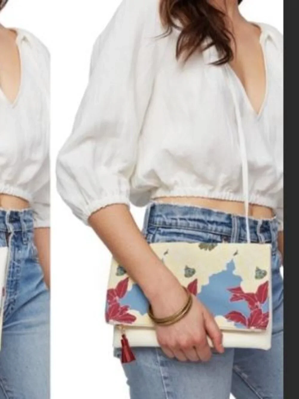 Rachel Pally Floral Print Fold Over Canvas Vegan Leather Tassel Clutch Purse
